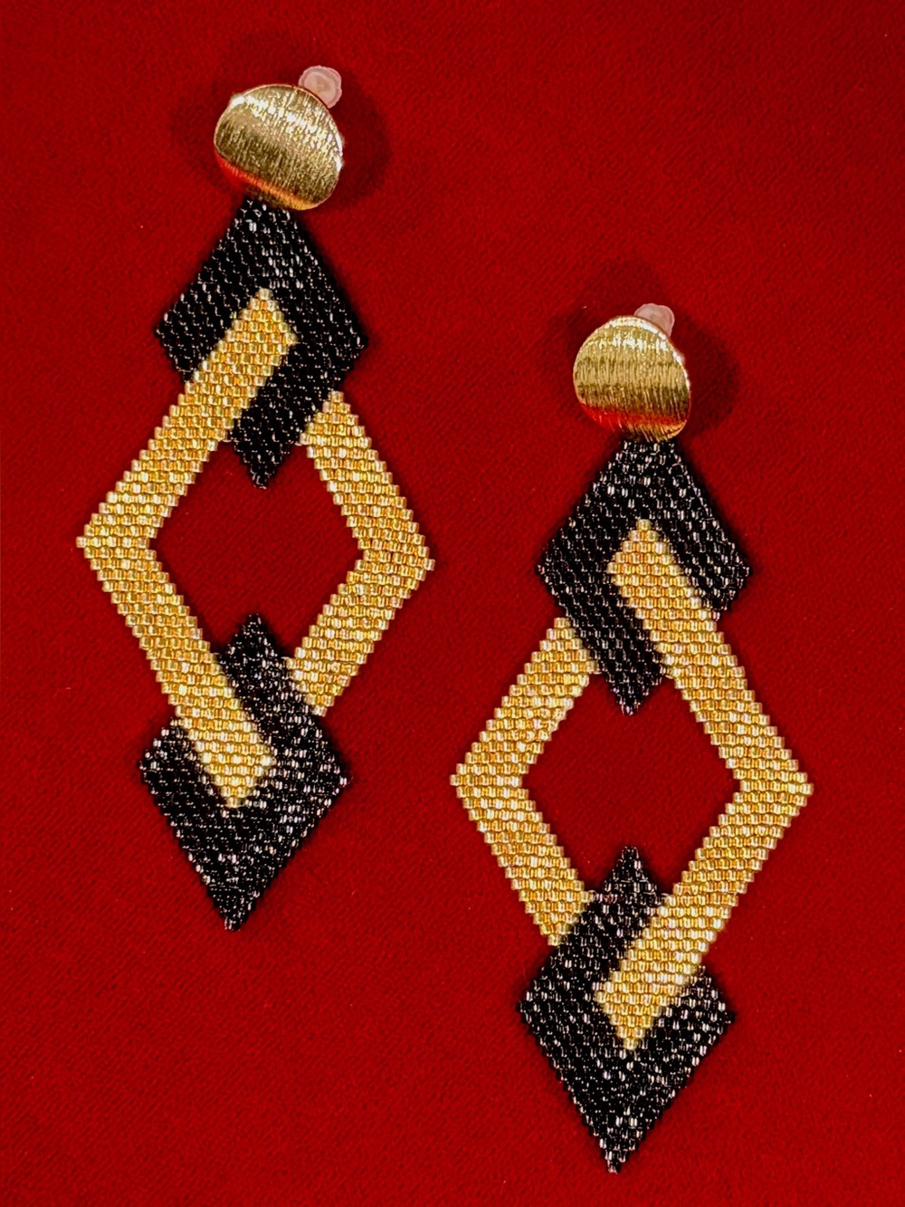Handmade Art Deco Black Gold Seed Bead Statement Earring - Picture 4 of 5